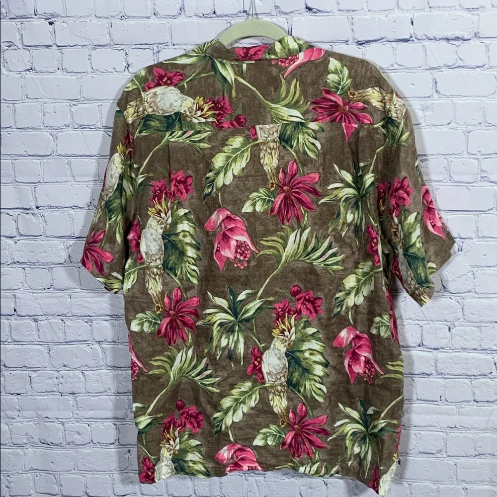 Tommy Bahama Mens Tropical Print Linen Button Down Short Sleeve Shirt Brown Sz L